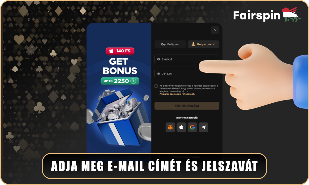 Töltse ki a regisztrációs űrlapot a Fairspin fiók létrehozásához